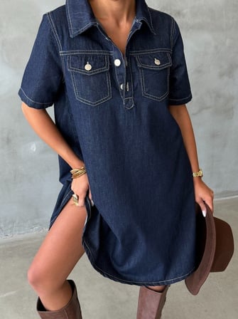 Kadın Göğüs Cepli Çıtçıtlı Denim Mini Elbise Pamuklu Salaş Kesim