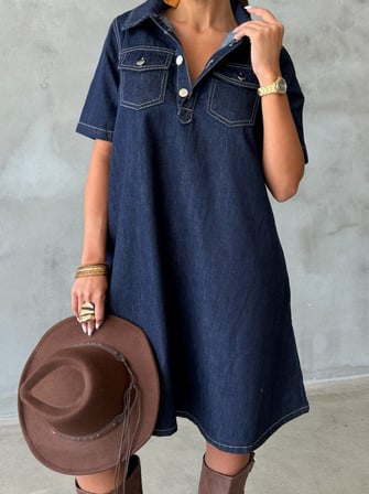 Kadın Göğüs Cepli Çıtçıtlı Denim Mini Elbise Pamuklu Salaş Kesim