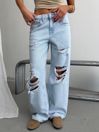 Kadın Yırtık Detaylı Wide Leg Bol Paça Pamuklu Jean Pantolon