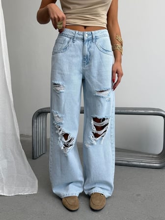 Kadın Yırtık Detaylı Wide Leg Bol Paça Pamuklu Jean Pantolon