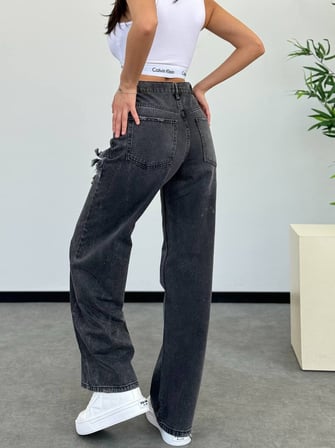 Kadın Yüksek Bel Yıpratmalı Salaş Denim Pantolon