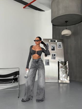 Kadın %100 Pamuk Wide-Leg Geniş Paça Eskitme Detaylı Jean Pantolon