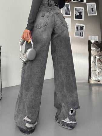 Kadın %100 Pamuk Wide-Leg Geniş Paça Eskitme Detaylı Jean Pantolon