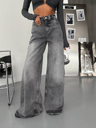 Kadın %100 Pamuk Wide-Leg Geniş Paça Eskitme Detaylı Jean Pantolon