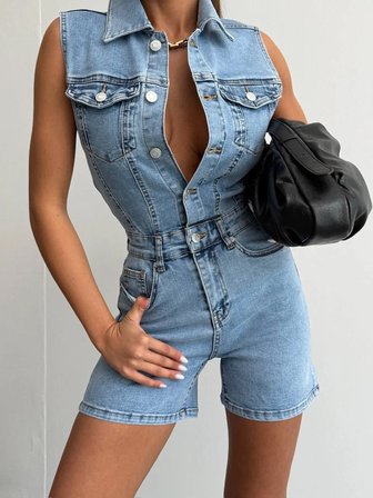Kadın Kot Tulum Şortlu Denim Kolsuz Yaka Detaylı Jean Tulum
