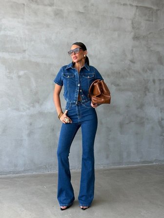 Kadın Lıkralı Kot Takım - Kısa Kollu Cep Detaylı Denim Ceket ve İspanyol Paça Pantolon İkili Set
