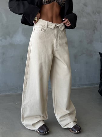 HerTon Baggy Wide Leg Kadın Jean Pantolon %100 Cotton Düşük Bel Bol Paça