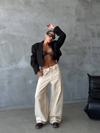HerTon Baggy Wide Leg Kadın Jean Pantolon %100 Cotton Düşük Bel Bol Paça