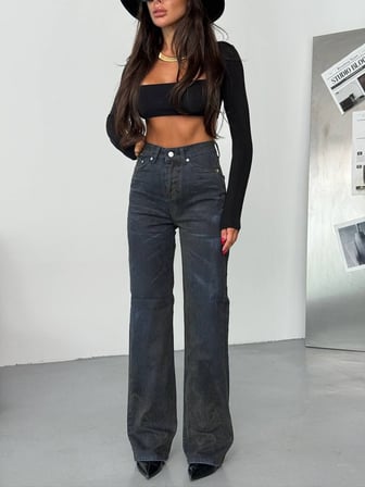 Kadın Yüksek Bel Geniş Paça Jean Pantolon – %98 Pamuk Modern Fit Kot Pantolon