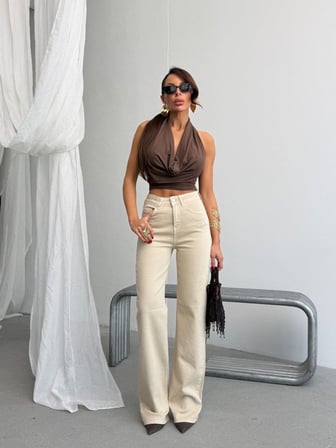 Kadın Yüksek Bel Geniş Paça Jean Pantolon – %98 Pamuk Modern Fit Kot Pantolon