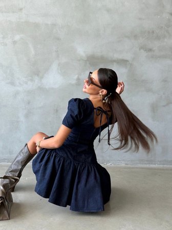 Kadın Midi Denim Elbise Balon Kollu Sırt Detaylı Pamuklu Kot Elbise