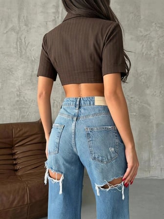 Kadın Yüksek Bel Wide Leg Denim Arkası Kesik Tasarım Trend Mavi Denim Pantolon