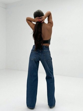 Kadın Yüksek Bel Geniş PaçaDüz Kesim Wide Leg Denim Pantalon