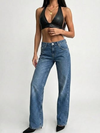 Kadın Yüksek Bel Geniş PaçaDüz Kesim Wide Leg Denim Pantalon