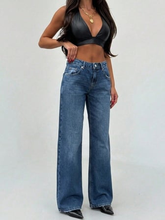 Kadın Yüksek Bel Geniş PaçaDüz Kesim Wide Leg Denim Pantalon