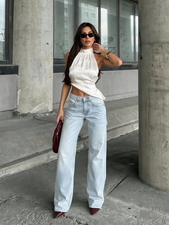 Kadın Yüksek Bel Wide Leg Arkası Yırtık Tasarım Trend Denim Pantolon