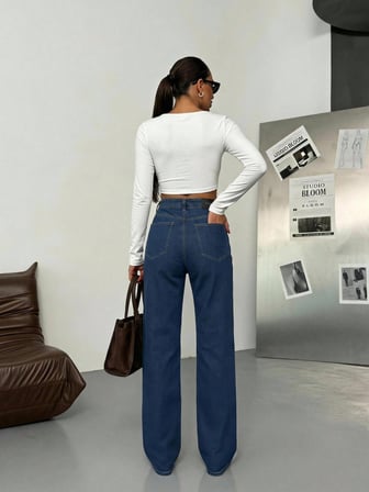 Kadın Çapraz Kapama Detaylı  Klasik Yıkama Salaş Kalıp Bol Paça Denim Pantolon