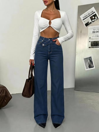 Kadın Çapraz Kapama Detaylı  Klasik Yıkama Salaş Kalıp Bol Paça Denim Pantolon