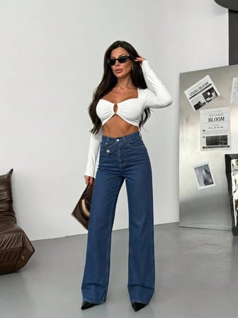 Kadın Çapraz Kapama Detaylı  Klasik Yıkama Salaş Kalıp Bol Paça Denim Pantolon