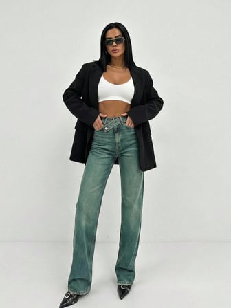 Kadın Yüksek Bel Asimetrik Çapraz Bel Geniş Paça Wide Leg Denim Pantolon