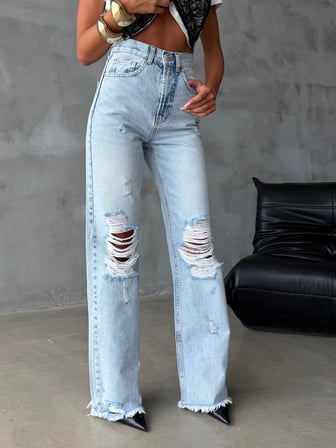 Yüksek Bel Dizleri Yırtık Detaylı Wide Leg Jean
