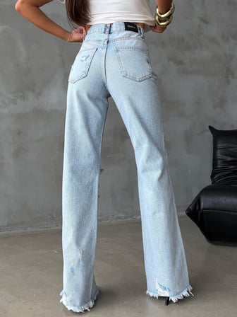 Yüksek Bel Dizleri Yırtık Detaylı Wide Leg Jean