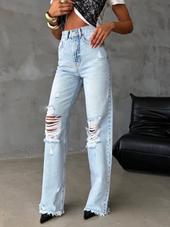 Yüksek Bel Dizleri Yırtık Detaylı Wide Leg Jean