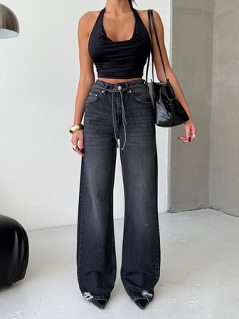 Wide Leg Jean - Arkası Yırtık Esintili Geniş Paça Pamuklu Kot Pantolon
