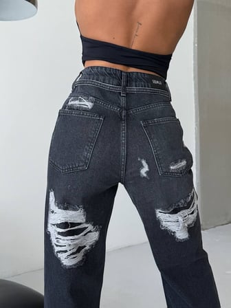 Wide Leg Jean - Arkası Yırtık Esintili Geniş Paça Pamuklu Kot Pantolon