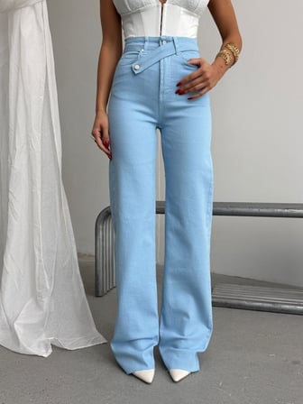 Kadın Asimetrik Çapraz Bel Detaylı Wide Leg Jean Pantolon