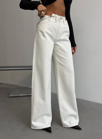 Yüksek Bel Cepli Aksesuarlı Geniş Paça Trend Pamuklu Jean Pantolon