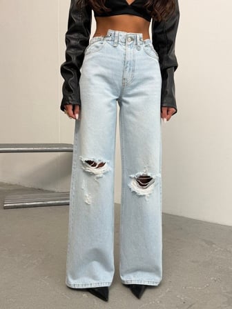 Yüksek Bel Cepli Aksesuarlı Geniş Paça Trend Pamuklu Jean Pantolon