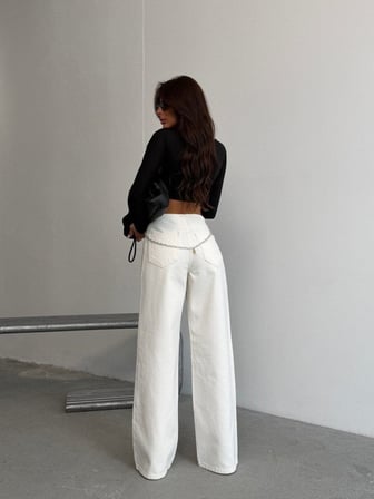 Yüksek Bel Cepli Aksesuarlı Geniş Paça Trend Pamuklu Jean Pantolon