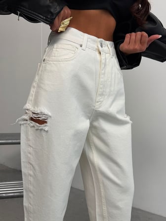 HerTon Kadın Açık Mavi %100 Pamuk Yüksek Bel Slouchy Jean Pantolon