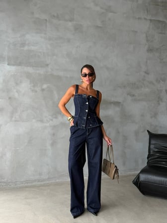 Kadın Denim İkili Takım Peplum Büstiyer Üst ve Geniş Paça Kot Pantolon