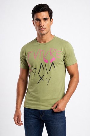 Erkek Sırtı Yazılı ve Alien Desenli Bisiklet Yaka Streetwear Tişört