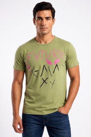 Erkek Sırtı Yazılı ve Alien Desenli Bisiklet Yaka Streetwear Tişört