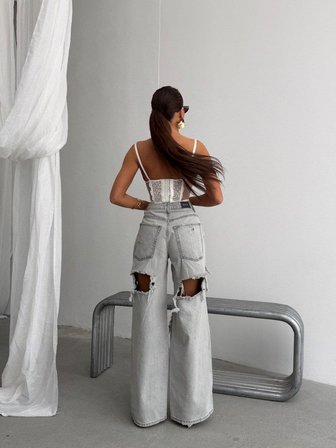 Kadın Yüksek Bel Yırtık Detaylı Bol Paça Kot Pantolon Saçaklı Wide Leg Denim