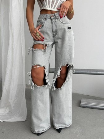 Kadın Yüksek Bel Yırtık Detaylı Bol Paça Kot Pantolon Saçaklı Wide Leg Denim