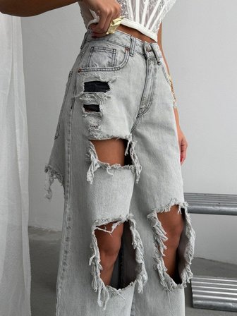 Kadın Yüksek Bel Yırtık Detaylı Bol Paça Kot Pantolon Saçaklı Wide Leg Denim