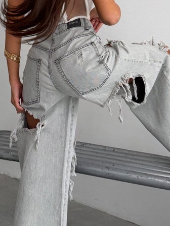 Kadın Yüksek Bel Yırtık Detaylı Bol Paça Kot Pantolon Saçaklı Wide Leg Denim