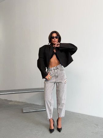 HerTon Kadın Açık Mavi %100 Pamuk Yüksek Bel Slouchy Jean Pantolon