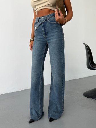 Kadın Yüksek Bel Çapraz Düğmeli Wide Leg Jean Pantolon