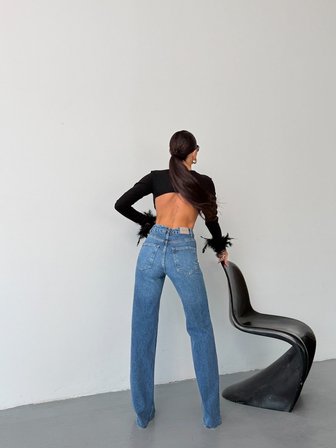 Kadın Yüksek Bel Çapraz Düğmeli Wide Leg Jean Pantolon