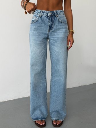 Kadın Yüksek Bel Wide Leg Jean Pantolon Bol Paça Düz Kesim Denim