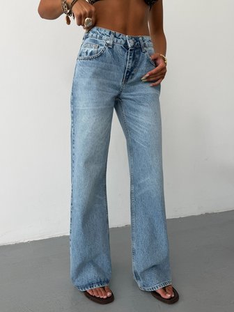 Kadın Yüksek Bel Wide Leg Jean Pantolon Bol Paça Düz Kesim Denim