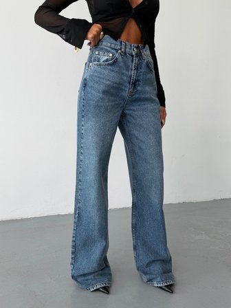 Kadın Yüksek Bel Wide Leg Jean Pantolon Bol Paça Düz Kesim Denim