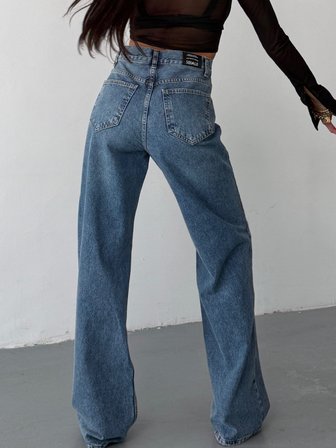 Kadın Yüksek Bel Wide Leg Jean Pantolon Bol Paça Düz Kesim Denim
