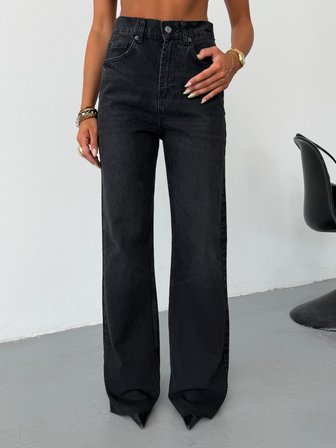 Kadın Yüksek Bel Wide Leg Jean Pantolon Düz Kesim Bol Paça Denim