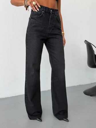 Kadın Yüksek Bel Wide Leg Jean Pantolon Düz Kesim Bol Paça Denim